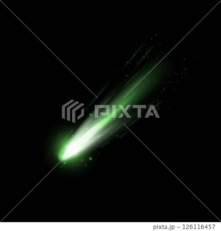 Falling asteroid or comet with fire tail. Realistic 3D vector illustration of high speed flying meteor in space with green light trail. Cosmic shooting meteorite in atmosphere. Astronomic burning rock 126116457