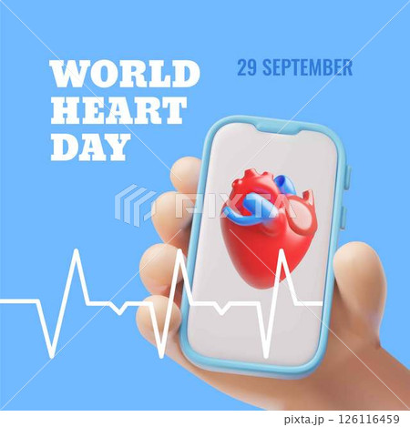 3D poster with a hand holding a smartphone with a heart on the screen. 126116459