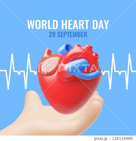 3D vector poster with heart on palm and heartbeat line. 3D vector poster with heart on palm and heartbeat line. 126116460