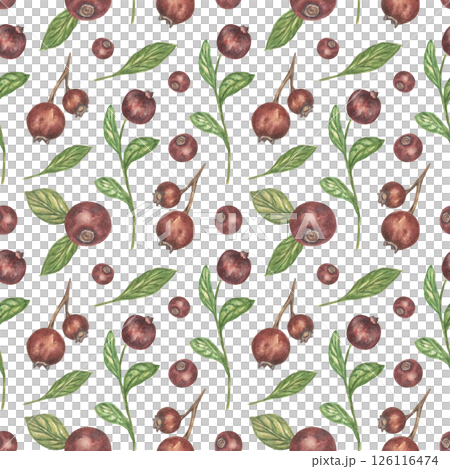 Seamless pattern with blueberries and green leaves, vintage style. Decorative floral pattern for wrapping paper, decoupage, fabrics and wallpaper. Bright summer watercolor print. 126116474