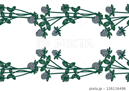 Botanical floral border isolated on white background. Hand drawn clover plant with pink Flowers green Leaves Stems vector illustration. Graphic design element for Birthday Wedding Greeting Card Flyer 126116496