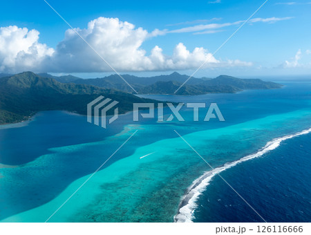 Aerial view of Tahaa island, French Polynesia, with turquoise lagoon and reef 126116666