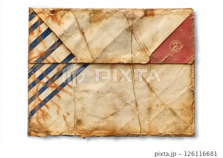 Vintage faded envelope with red and blue pattern. Yellowed paper with rough texture, exuding nostalgia and history in its aged appearance 126116681
