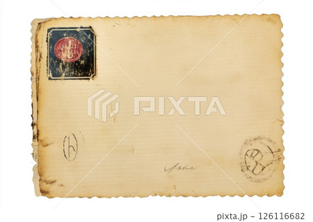 Vintage yellowed postcard with torn edge, featuring a black and red stamp and a handwritten message. Nostalgic and antique appearance, capturing the essence of old-fashioned communication 126116682