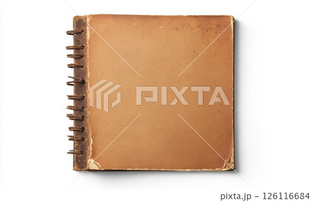 Closed spiral-bound book with a worn, aged brown cover. Classic and vintage design perfect for literary themes. Simple yet sophisticated presentation on a clean white background 126116684