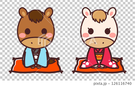 Cute horse characters wearing kimonos, male and female, illustration material Cute horse characters wearing kimonos, male and female, illustration material 126116740