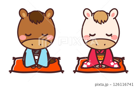 着物を着た馬のかわいいキャラクター　男女　お辞儀　イラスト素材 126116741