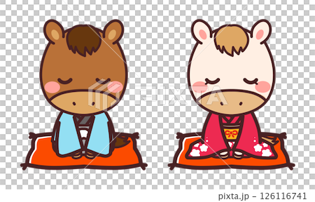 着物を着た馬のかわいいキャラクター　男女　お辞儀　イラスト素材 126116741