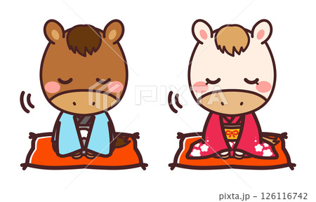 着物を着た馬のかわいいキャラクター 男女 お辞儀 イラスト素材 着物を着た馬のかわいいキャラクター 男女 お辞儀 イラスト素材 126116742