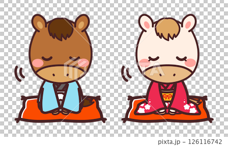穿著和服的可愛馬角色，男人和女人，鞠躬，插圖素材 126116742
