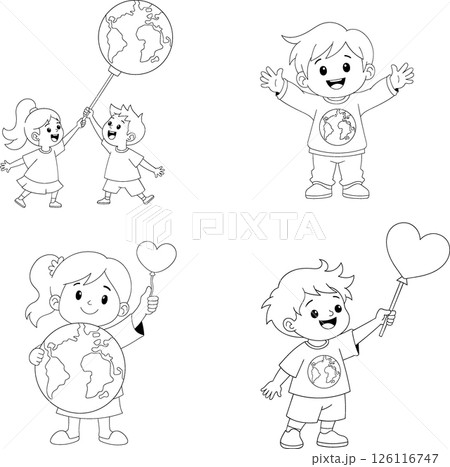 outline doodle set Children promoting world peace 126116747