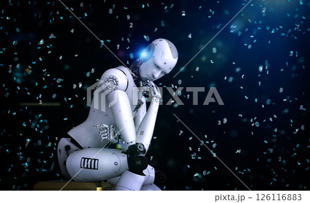 Ai robot sit down and think or compute like thinker man Ai robot sit down and think or compute like thinker man 126116883
