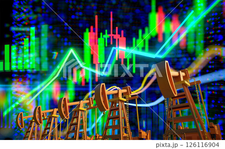 Oil price rising concept with crude oil pump on stock market chart Oil price rising concept with crude oil pump on stock market chart 126116904
