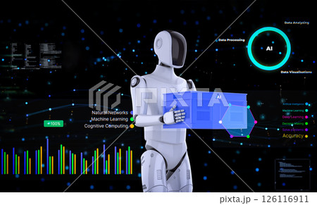 Automation warehouse with assistant robot work in warehouse with digital graphic display Automation warehouse with assistant robot work in warehouse with digital graphic display 126116911