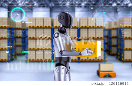 Automation warehouse with assistant robot work in warehouse with digital graphic display 126116912