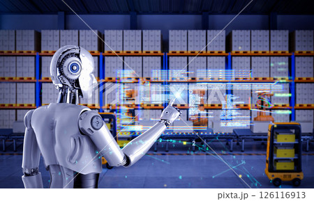 Automation warehouse with assistant robot work in warehouse with digital graphic display 126116913