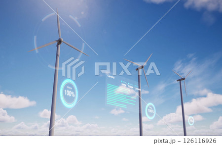 Renewable energy concept with wind mill farm with digital graphic display 126116926