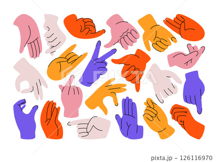 Set of colorful hands with different gestures and signs. Hand-drawn vector illustrations, hands showing love and friendship, different positions of hands and fingers. Collection of hands in doodle. Set of colorful hands with different gestures and signs. Hand-drawn vector illustrations, hands showing love and friendship, different positions of hands and fingers. Collection of hands in doodle. 126116970