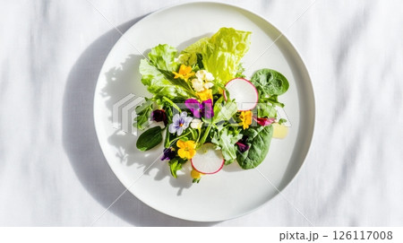 Delicate spring greens salad with edible flowers and citrus vinaigrette on white ceramic plate. Minimalist styling, soft daylight, perfect for gourmet editorial concepts. 126117008