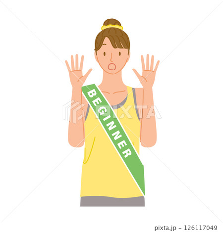 ジムの初心者（驚く若い女性）：両手を上げる 126117049