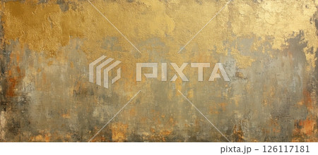 Close-up of aged gold leaf texture with visible brush strokes and subtle variations, elegant decorative background for luxury and vintage design concepts 126117181