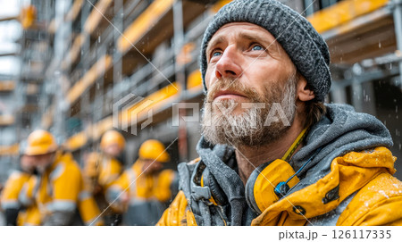 A man stands in the middle of a construction site surrounded by building materials 126117335
