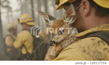 Firefighter holding fawn amidst forest aftermath, rescue theme 126117338