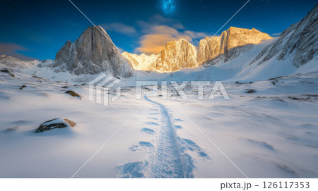 Snowy mountain landscape under starry sky with majestic peaks as celestial gateway Snowy mountain landscape under starry sky with majestic peaks as celestial gateway 126117353