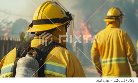 Firefighters responding to wildfire near residential area, wearing protective gear 126117359
