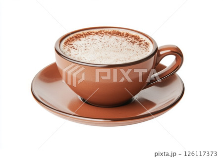 A cup of black coffee with foam on a saucer, top view, isolated on a white background. With a clipping path. Full depth of field. Focus stacking. Hyper-realistic photo. 126117373