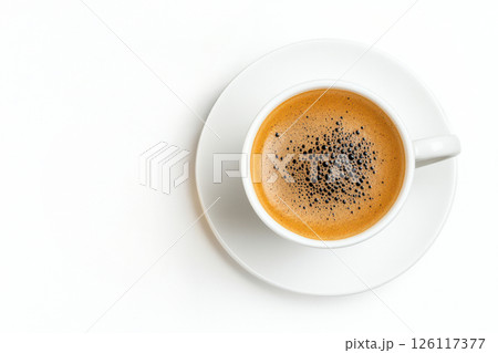Flat lay of a coffee cup with black foam on a white background, top-down isolated photography, high-resolution realistic and detailed photograph, stock photo, photo for an advertising banner, high 126117377