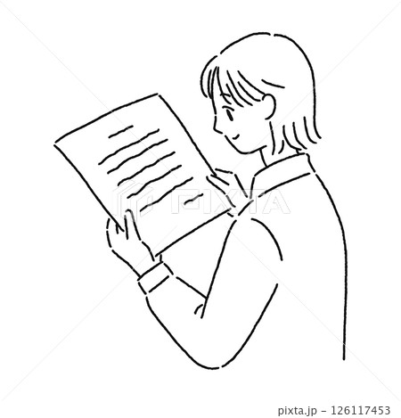 プリントを読む女性　線画 126117453
