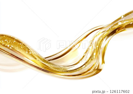 golden oil texture, cosmetic gel liquid isolated on a white background. Abstract glowing glitter wave for beauty product advertising design 126117602