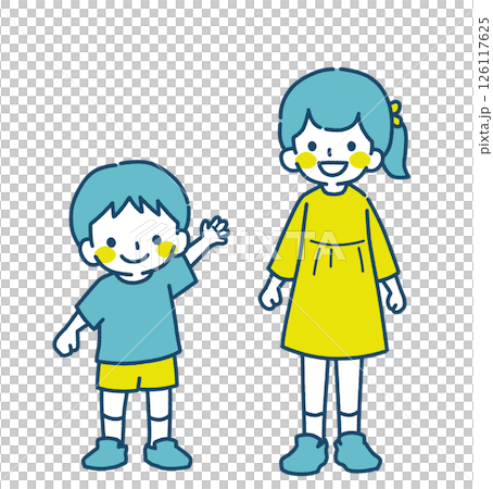 子供、男の子と女の子の兄弟の笑顔のシンプルなイラスト 126117625