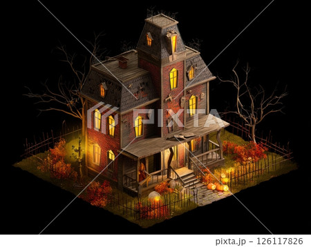Haunted house for halloween isolated on white background in isometric view with lighting effects photorealistic style and hyper detailed elements concept of holiday design entertainment industry. 126117826