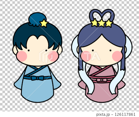 七夕の織姫と彦星のゆるかわなイラスト 126117861