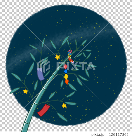 夜空が背景の七夕の笹の葉のイラスト 126117863