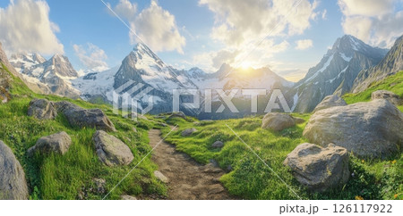 Panoramic mountain landscape with green grassy hills under blue sky in daylight natural scenery concept of travel wellness tourism eco vacation visual storytelling 126117922