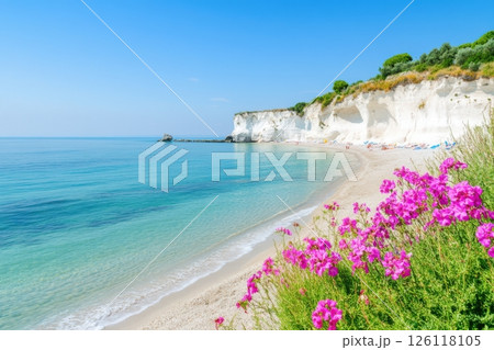 Beautiful beach with pink flowers on cliff clear blue water and white sand vibrant summer seascape under sunny sky tropical nature view concept of travel agency wellness tourism copyspace Beautiful beach with pink flowers on cliff clear blue water and white sand vibrant summer seascape under sunny sky tropical nature view concept of travel agency wellness tourism copyspace 126118105