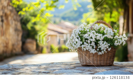 White flowers in a woven basket on stone table under sunlight with medieval village in background charming countryside scene concept of floristry travel advertising industry White flowers in a woven basket on stone table under sunlight with medieval village in background charming countryside scene concept of floristry travel advertising industry 126118138