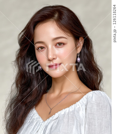 High-resolution portrait of a young Korean woman with soft facial features and natural expression, looking at camera with gentle gaze under soft natural light against neutral background 126118264