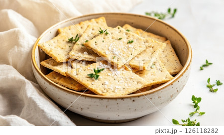 Rustic sourdough crackers with herbs and sea salt in ceramic bowl, soft light and linen napkin, perfect for sustainable snack and healthy eating visuals. 126118282