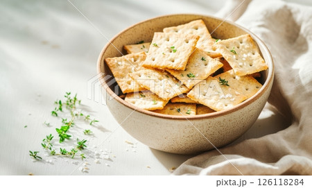 Sourdough crackers arranged in a ceramic bowl with herbs and sea salt, linen napkin, soft shadows, minimal rustic style, zero waste snack concept 126118284