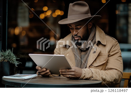 African American man wearing a stylish hat and scarf is sitting at a cafe table, focused on a tablet device, surrounded by warm ambient lighting and cozy atmosphere 126118497
