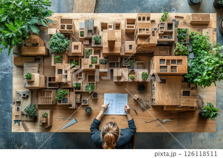 Architectural model design workspace featuring wooden structures and greenery, with a person analyzing blueprints on a large table, showcasing creativity and planning in design 126118511