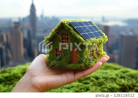Hand holding a miniature green house covered in grass and solar panels, symbolizing sustainable living and eco-friendly architecture in an urban environment 126118512