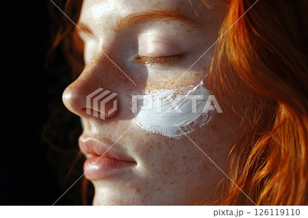 Red-haired beautiful girl with sunscreen on her face, SPF, UV protection Red-haired beautiful girl with sunscreen on her face, SPF, UV protection 126119110