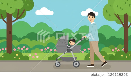 春の公園散歩：ベビーカーと父親 126119298