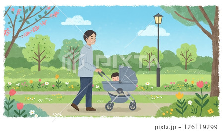 春の陽気：ベビーカーで公園を散歩 126119299
