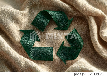 recycling sign made of green fabric, sustainability, ecology, re-consumption 126119385
